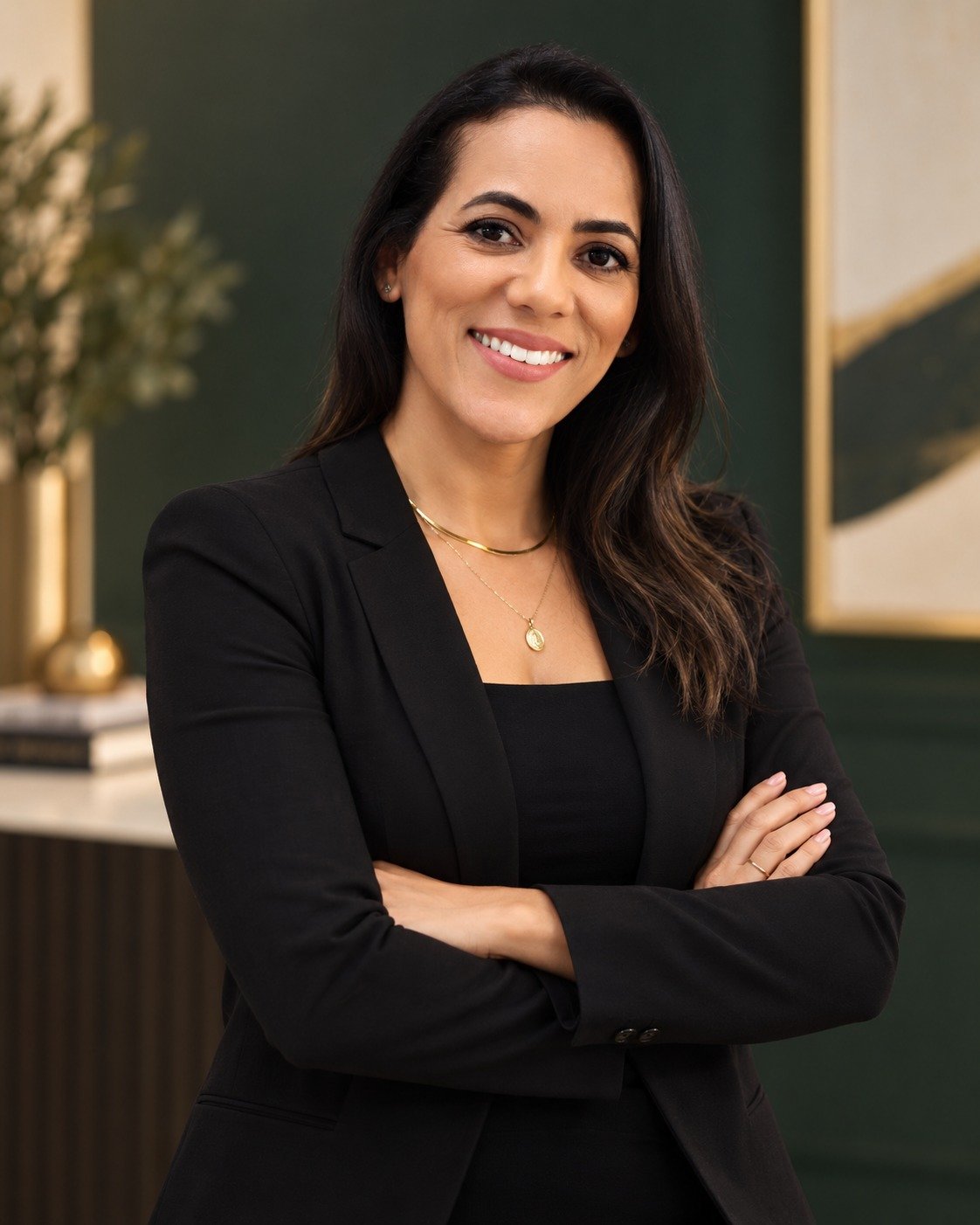 Cecília, de braços cruzados e sorrindo